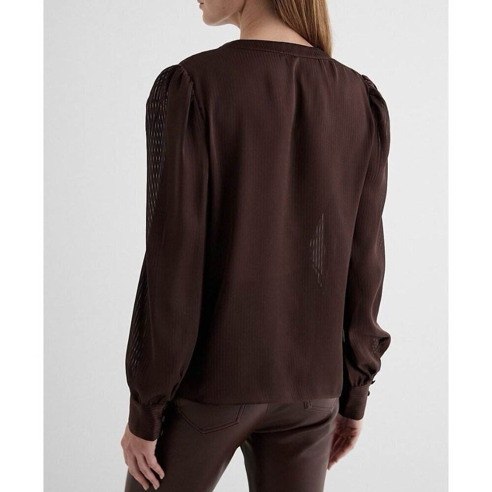 Express Women's Satin Top Size XS Brown Striped V-Neck Cuff Sleeve NWT $58 - Picture 3 of 15
